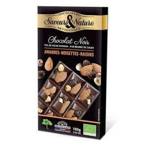 Tablette de chocolat noir 70% de cacao minimum - Amandes, noisettes et raisins secs 100g