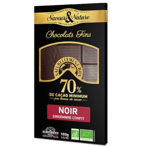 Tablette de chocolat noir 70% de cacao au gingembre confit, 100g