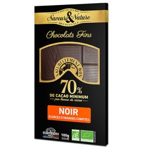 Tablette de chocolat noir 70% de cacao et écorces d'orange - BIO - 100g