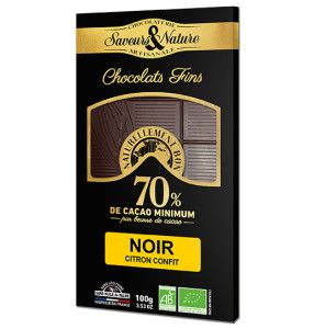 Tablette de chocolat noir 70% de cacao et écorces de citron - BIO - 100g